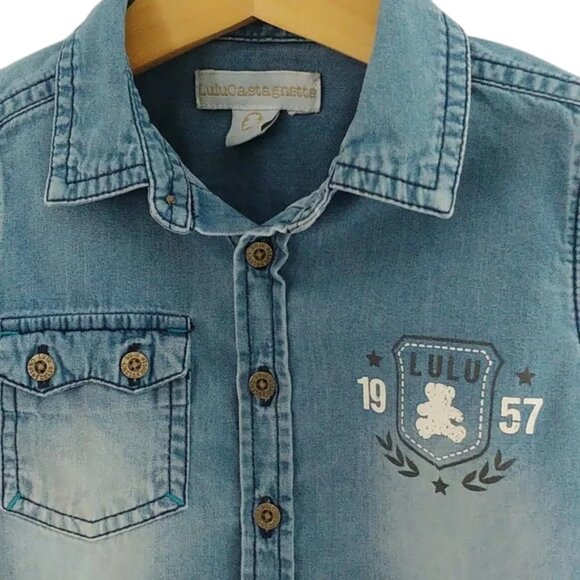 Lulu Castagnette Chambray Teddy Bear Button-Down Shirt 18 months - Picture 4 of 11